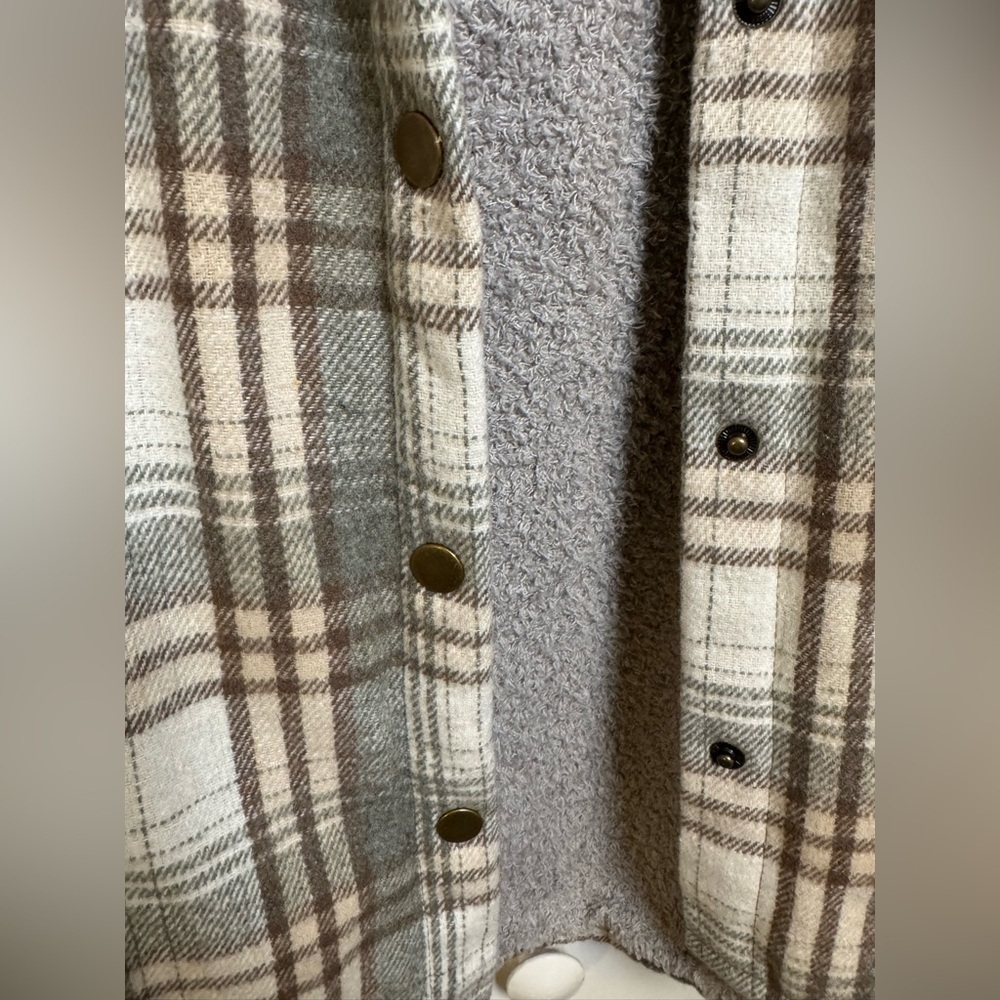 Plaid Sherpa Lined Hooded Shacket XXL Gray Brown Fleece Jacket - Picture 8 of 9